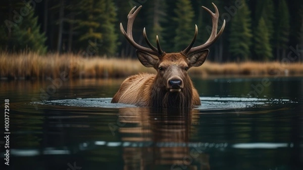 Fototapeta A large male elk with antlers stands in a lake with a dark green forest in the background.