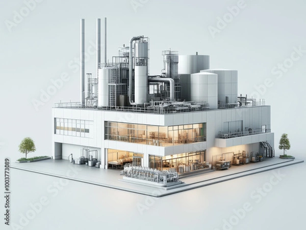 Fototapeta 3d lowpoly model of a modern factory, with mostly white colors and a bit of grey, white background