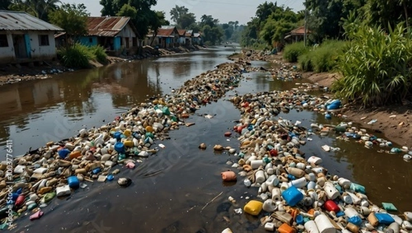 Fototapeta A river choked with plastic waste flows through a community, illustrating the global plastic crisis and its local effects.