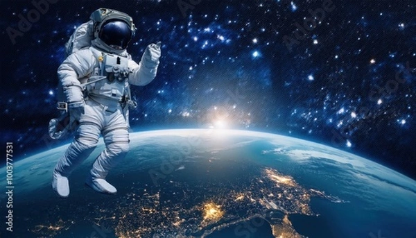 Fototapeta Astronaut in the outer space over the nightly planet Earth. City lights. Abstract wallpaper.