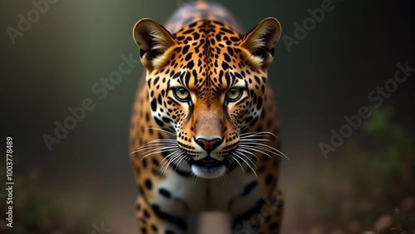 Fototapeta a leopard is standing in front of a camera with a green eye.