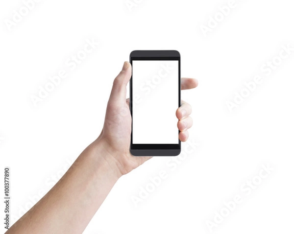 Obraz Left hand holding big touch screen smart phone, isolated on white, clipping path