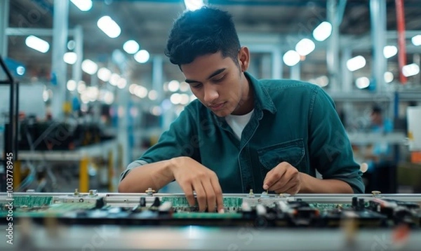 Obraz young male worker of indian or turkish descent in a green shirt working on a circuit board at a factory production line, representing modern technology and electronics manufacturing