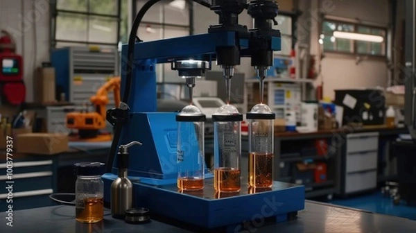 Fototapeta Laboratory Equipment with Bottles in Modern Workspace