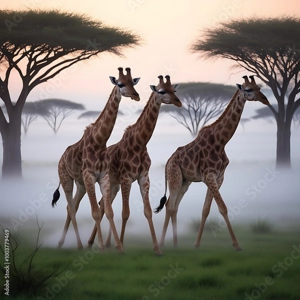 Fototapeta This mesmerizing image captures the enchanting sight of giraffes walking through a misty savannah at dawn. The tall, graceful forms of the giraffes emerge from the soft fog.