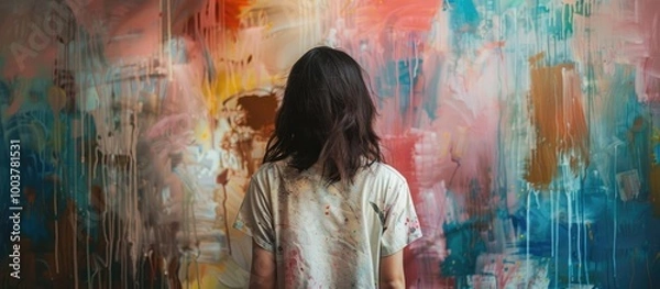 Fototapeta Portrait of a girl in front of a paint covered wall in an art studio. Copy space image. Place for adding text and design