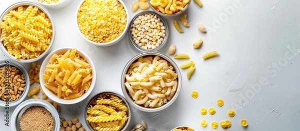 Fototapeta Collection of raw cereals grains pasta and canned food on a white table Copyspace Top view