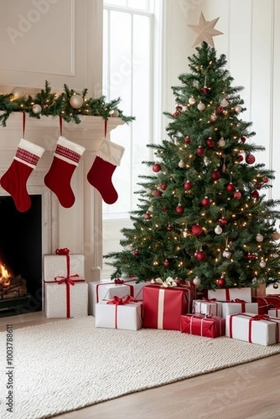 Fototapeta  A decorated Christmas tree stands before a fireplace Stockings hang from its branches
