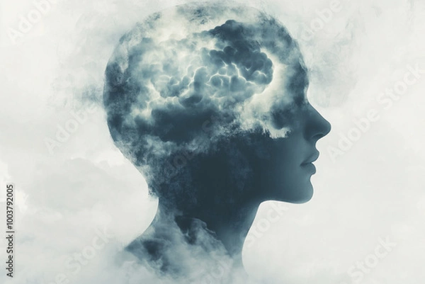Fototapeta A silhouette of a person with a cloud-filled mind representing creativity and thoughts