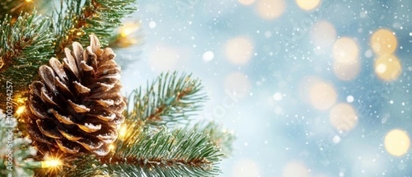 Obraz  A tight shot of a pinecone against a Christmas tree, surrounded by strings of twinkling lights in the background