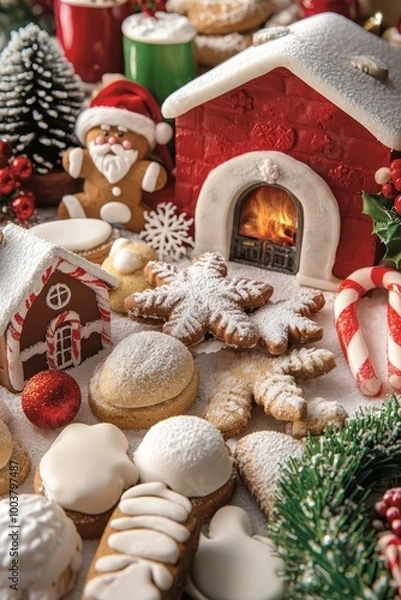 Fototapeta  A table laden with various cookie types nearby, a cozy fireplace filled with cookies and marshmallows