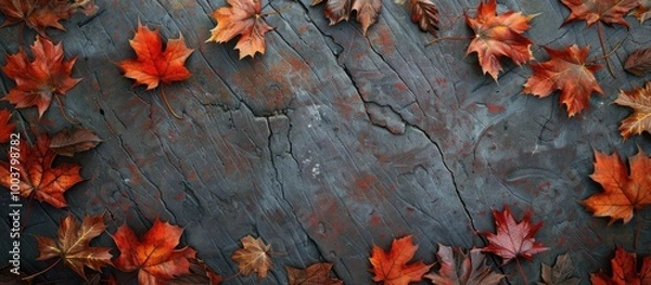 Fototapeta Aerial shot of vibrant fall maple leaves displayed on a rustic table featuring a blank copy space image