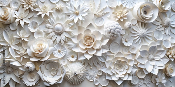 Fototapeta Stunning white paper flowers arranged in intricate display, showcasing various shapes and textures. This elegant composition adds touch of sophistication and artistry to any space