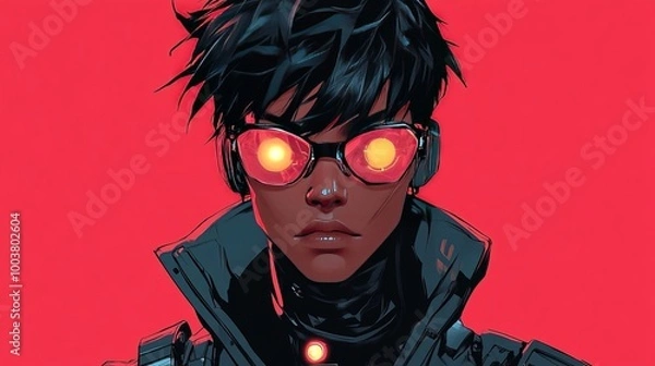Fototapeta Futuristic character with glowing glasses in vibrant red background
