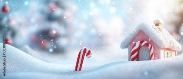Fototapeta  A tiny house adorned with candy canes, one in hand, amidst a snowy landscape Christmas tree visible behind