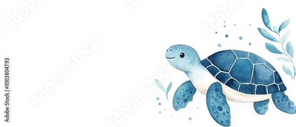 Fototapeta Cute turtle illustration with green leaves on a white background.