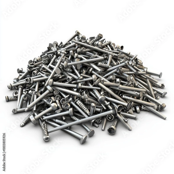 Fototapeta Pile of Loose Nails, Screws, and Bolts on Workbench