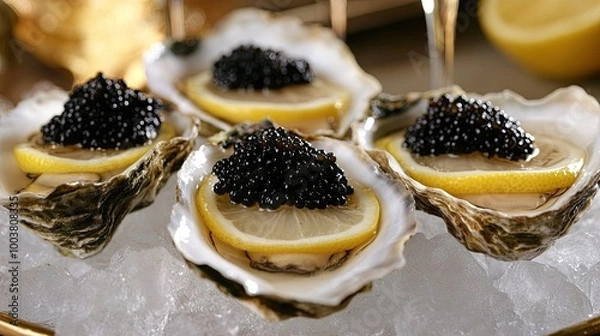 Fototapeta Close-up of oysters topped with black caviar, served on ice with lemon slices, with champagne glasses in the background,
