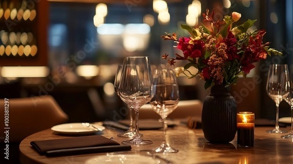 Fototapeta Immerse into the captivating atmosphere of a lavish dining experience through the lens of a upscale restaurant, where blurred flowers and soft candlelight create a warm and inviting ambiance. 