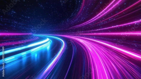 Fototapeta A vibrant depiction of colorful light trails representing speed and movement in a futuristic setting.