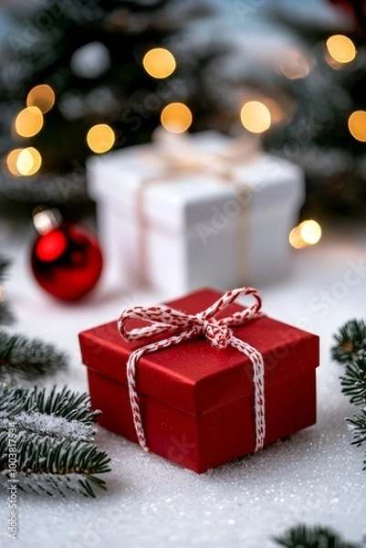 Fototapeta  A red gift box, adorned with a red bow, sits before a Christmas tree displaying a red ornament