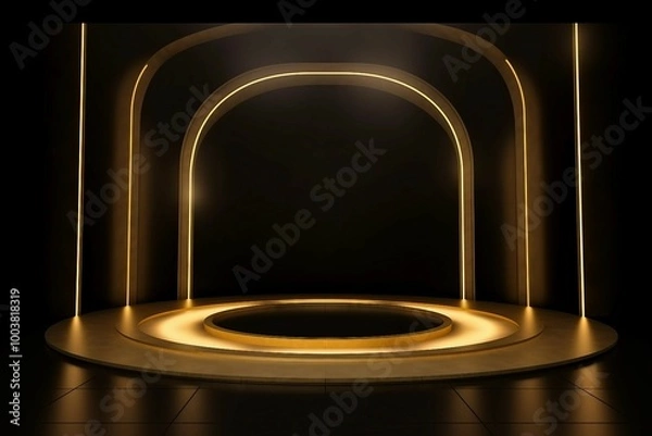 Fototapeta "The Art of Simplicity: Glowing Gold Light and Dark Black Stage Set the Scene for an Empty Podium"