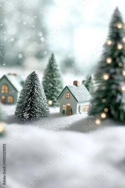 Fototapeta A small house in a snow-filled field's center Foreground showcases a Christmas tree