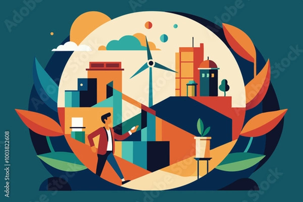 Fototapeta A man walking in a city with a wind turbine in the background