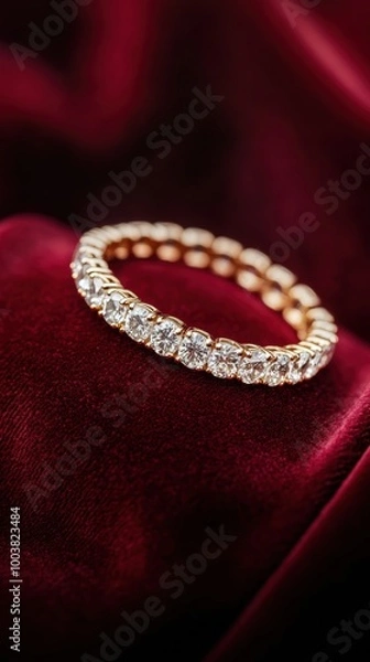 Fototapeta Elegant gold ring adorned with sparkling diamonds, resting on luxurious red velvet fabric.