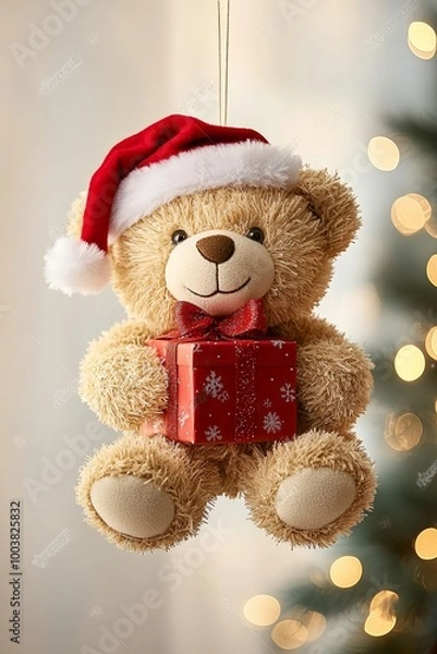 Fototapeta  A brown  bear dons a Santa hat, holding a red box with a dangling red bow via string