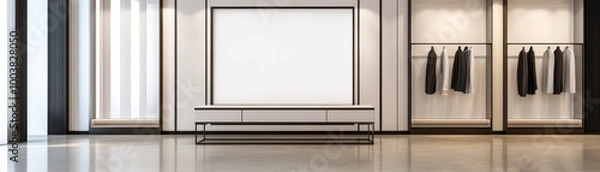 Fototapeta Modern interior of a stylish retail space with display area and hanging garments.