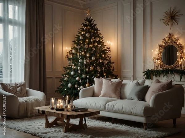 Fototapeta Cozy winter interior with a Christmas tree and elegant sofa.