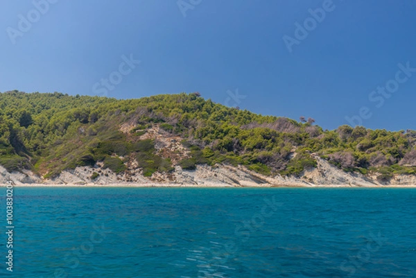 Fototapeta Sazan is an Albanian uninhabited island in the Mediterranean Sea. It us the largest of Albania's islands and it was a designated military exclusion zone.  It lies in a strategically important location