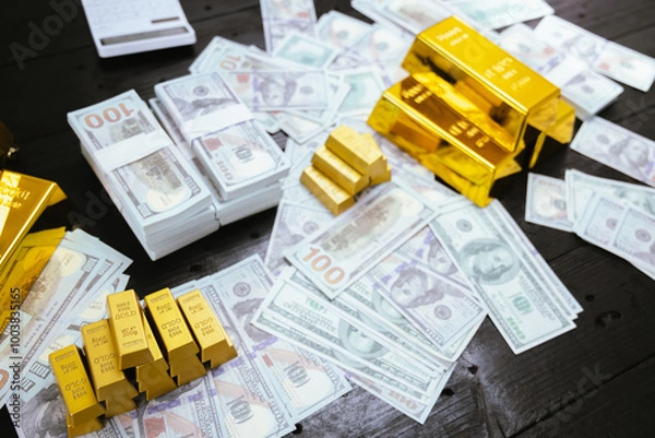 Fototapeta A successful businessman holds a shining gold bar, symbolizing wealth and financial security. The golden ingot reflects luxury and prosperity, while a financial chart shows rising profits in the globa