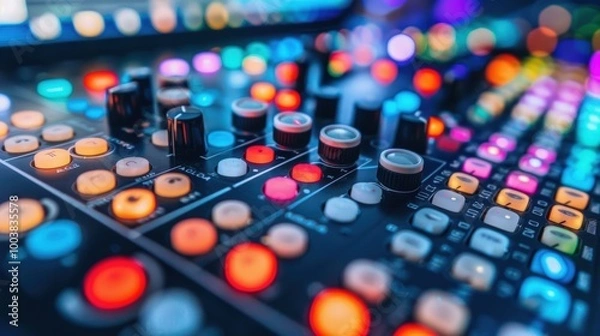 Obraz Vibrant Control Panel with Colorful Buttons and Knobs