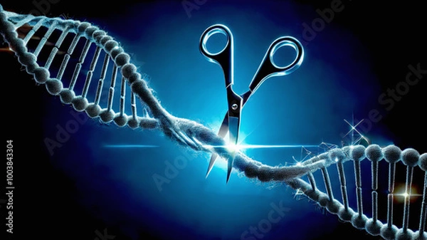 Obraz A DNA strand being cut by scissors, symbolizing genetic editing and CRISPR technology in a futuristic, glowing blue setting.