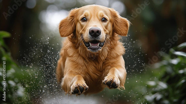 Fototapeta Golden retriever joyfully leaps through water in a lush green garden on a sunny day