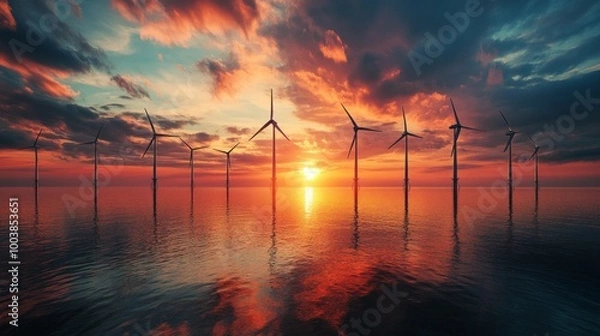 Obraz A beautiful sunset over the ocean with a row of wind turbines in the background