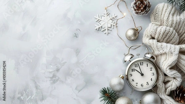 Fototapeta New Year's resolution banner, soft grey background, single ticking clock, clean space for text and goals. 