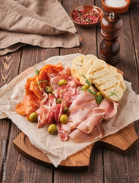 Obraz A delicious charcuterie board featuring assorted cured meats, olives, fresh bread, and crispy snacks set in a rustic kitchen