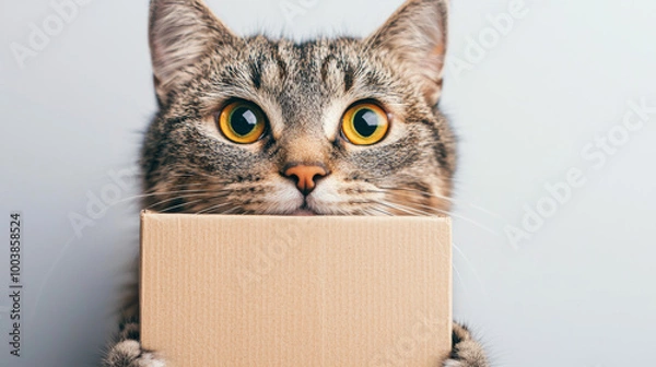 Fototapeta Curious cat holding cardboard box in a bright indoor setting during the day