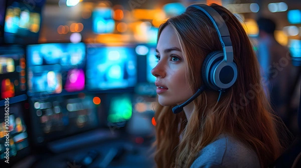 Obraz Woman in Headset Focuses on Computer Screens with Blue and Orange Lights