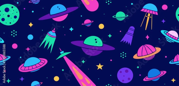Fototapeta Colorful seamless pattern featuring aliens and ufos for decorative design