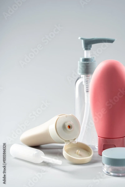 Fototapeta Variety of travel-sized containers displayed against a bright blue background