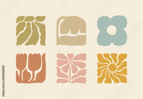 Fototapeta Abstract Wavy Flowers in Groovy Hippie Style. Retro Floral Illustration. Vector Square Botanical Icons in Freehand Naive Art for Logo, Print, Pattern, Poster, Web Design