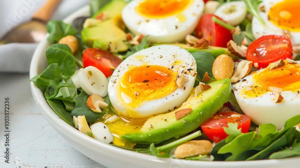 Fototapeta Fresh salad with boiled eggs, avocado, tomatoes, and nuts served in a bowl for lunch
