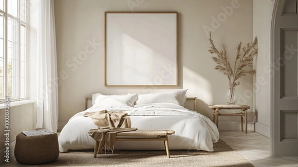 Fototapeta Minimalist mock-up frame displayed in a serene, neutral-toned bedroom, 3D render.
