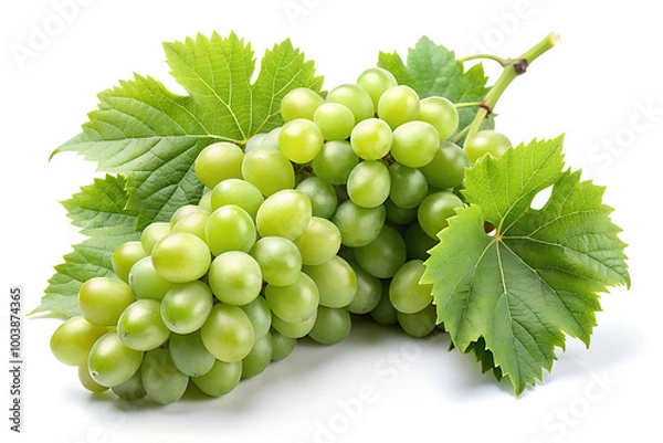 Fototapeta Fresh green grape with leaves isolated on white background.

