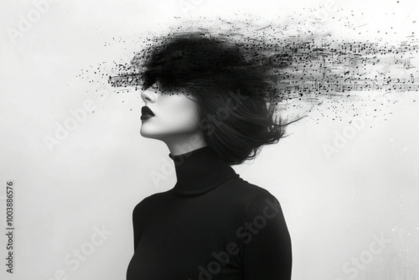 Obraz Abstract Fashion Collage: Woman with Swirling Music Notes in Minimalist Style. Non-existent person.