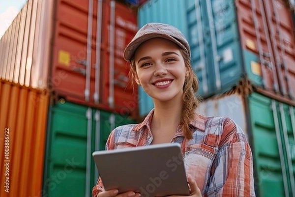 Fototapeta Smiling woman in a plaid shirt uses a tablet. She is in front of a stack of colorful shipping containers. This image is perfect for showcasing technology in a modern logistics setting.